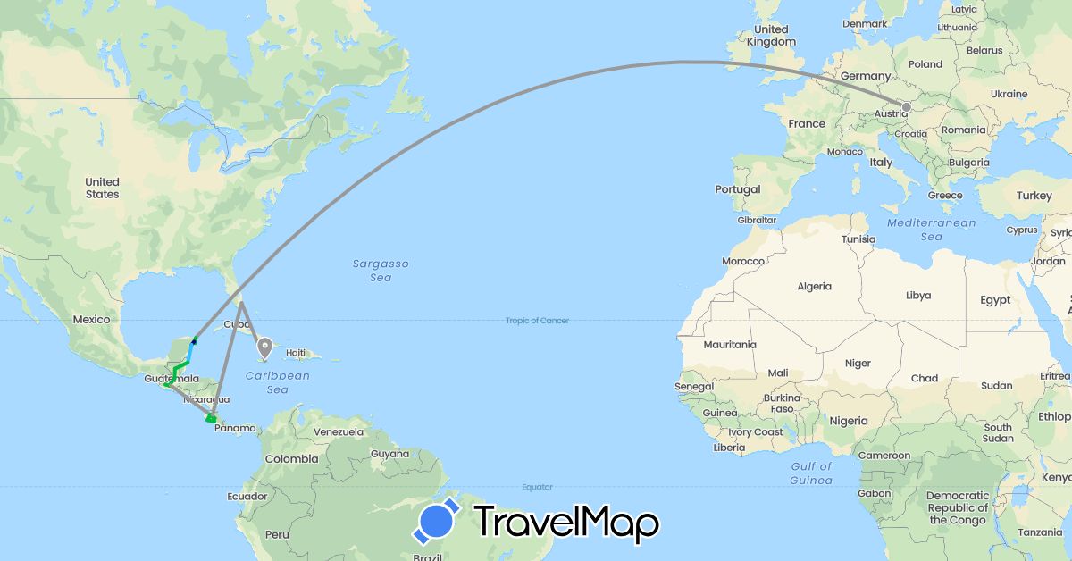 TravelMap itinerary: driving, bus, plane, hiking, boat in Austria, Belize, Costa Rica, Guatemala, Jamaica, Mexico, United States (Europe, North America)